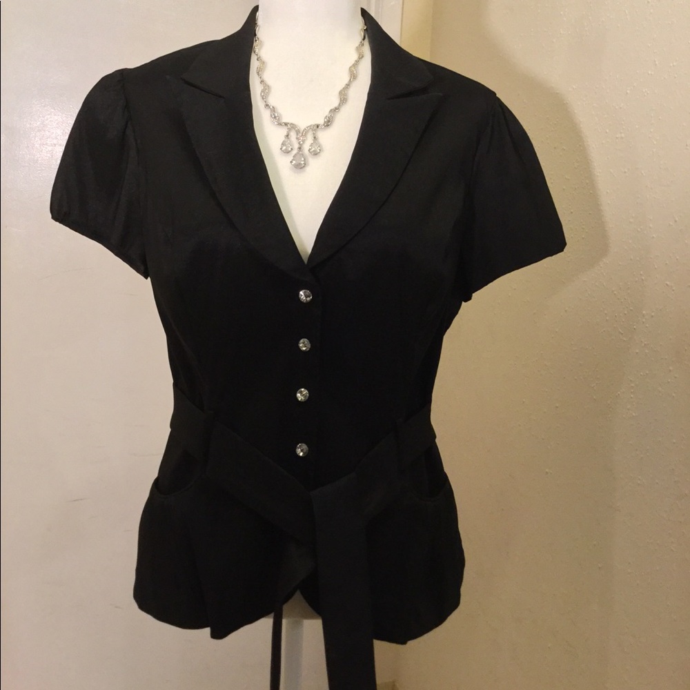 Black Taffeta Rhinestone Button Down Blouse
